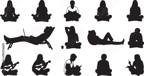 People Sitting and Relaxing Silhouette Set – Diverse Poses for Leisure and Work