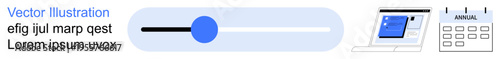 Scheduling tools, time management, interface design, UX elements, productivity, data organization. Minimalist slider, laptop screen and calendar graphic. Scheduling tools and time management
