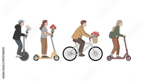 Set of People Using Eco-Friendly Urban Transportation Including Electric Scooters Bicycle and Unicycle for Green City Commuting Concept Flat Vector Illustration
