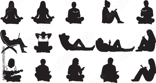 People Sitting and Relaxing Silhouette Set – Diverse Poses for Leisure and Work