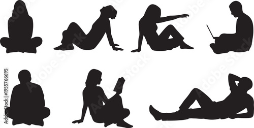 People Sitting and Relaxing Silhouette Set – Diverse Poses for Leisure and Work