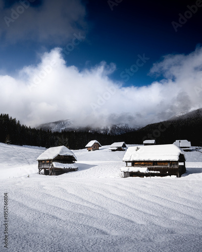 Huts on the meadows in the snow