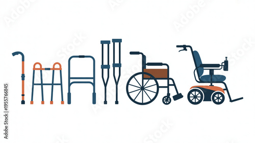Mobility Aids Set with Wheelchair Electric Scooter Crutches Walker and Walking Cane for Disability Support and Medical Rehabilitation Flat Vector Illustration