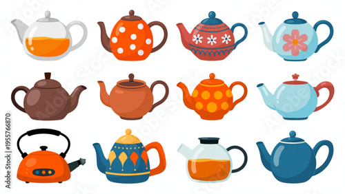 Set of Colorful Ceramic and Glass Teapots with Various Patterns for Tea Party Kitchenware and Breakfast Service Concept Flat Vector Illustration