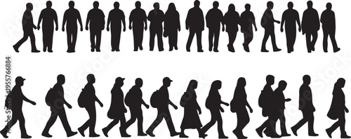 Multi-Perspective Human Silhouettes – Front and Side View Walking Figures Vector