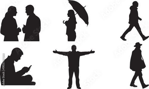 Diverse People Silhouette Set – Urban Life Scenes with Umbrella, Phone, and Walking Figures