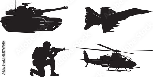 Army Silhouette Collection Tank Jet Soldier Aiming Rifle Helicopter Vector Pack EPS
