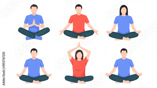 Set of Men and Women Practicing Meditation and Yoga Poses for Mental Health Wellness and Mindfulness Relaxation Concept Flat Vector Illustration