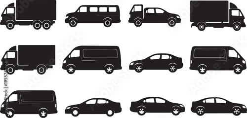 Commercial and Passenger Vehicle Silhouette Set – Delivery Van, Truck, and Car Collection