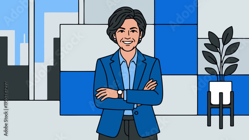 Confident Female Executive Standing with Crossed Arms in Modern Minimalist Office Illustration