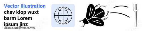 Global communication, nature, motion, culinary concepts, minimalism, design elements. Globe icon, insect silhouette motion lines and a fork illustration. Global communication and nature concept