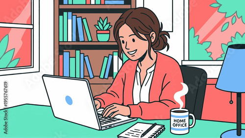 Happy Freelancer Working on Laptop in Comfortable and Bright Home Office Environment