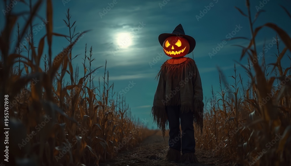 Fototapeta premium Scarecrow with pumpkin head and hat stands in cornfield at night. Full moon shines on spooky autumn scene. Halloween fright and harvest atmosphere.