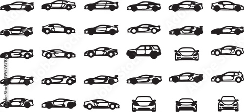 Comprehensive Car Silhouette Set – Diverse Sedan, Sport, and SUV Multi-View Icons