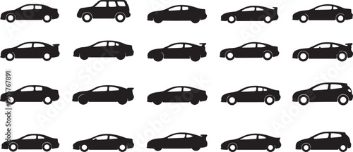 Comprehensive Car Silhouette Set – Diverse Sedan, Sport, and SUV Multi-View Icons