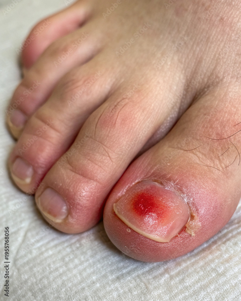 Naklejka premium Infected toe with redness and swelling close up