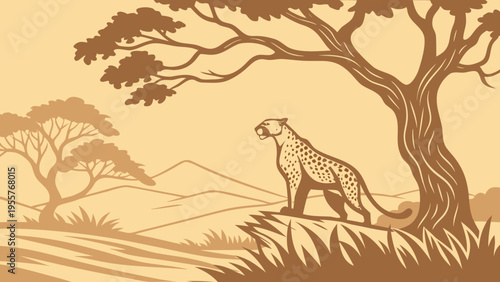 Leopard on rocky outcrop under tree in african savanna landscape, stylized vector illustration, big cat