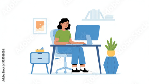 Young woman working on computer at home office desk with modern furniture and plants flat vector illustration.