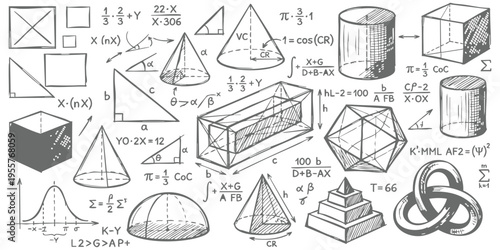 Hand-drawn mathematical formulas and geometric shapes sketch background with 3D figures, algebra equations and scientific diagrams vector illustration
