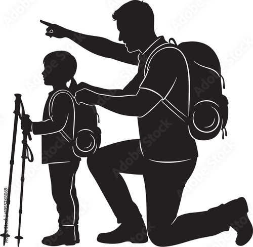 Silhouette of father and child hiking, father kneeling and pointing, child with trekking poles, ready for adventure