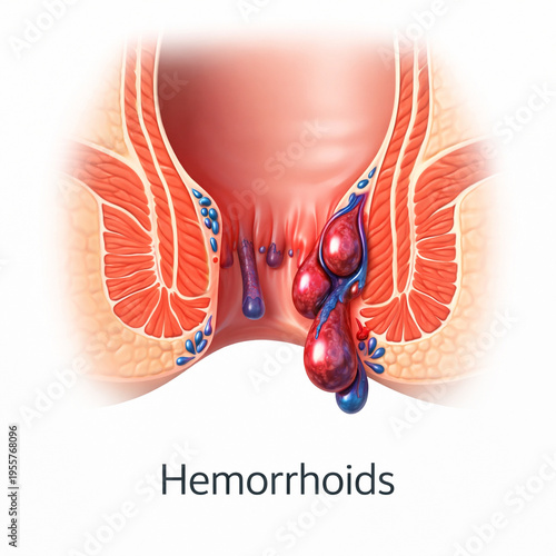 Hemorrhoids medical illustration showing inflamed rectal veins