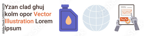 Global networking, robotic automation, technological innovation, data visualization, business analytics, oil industry. A globe, robotic hands analyzing data and an oil drop bottle. Global networking