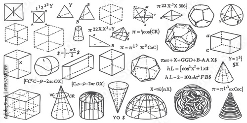 Hand drawn geometric shapes and mathematical formulas doodle collection with cubes pyramids and equations vector illustration on white background