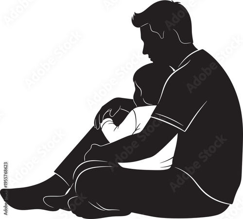 Silhouette of father holding his child close, sitting together, a tender moment of comfort and love