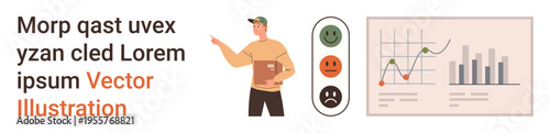 Data analysis, business report, customer feedback, employee performance, survey results, corporate review. Man pointing at data, feedback icons and charts. Data analysis and customer feedback