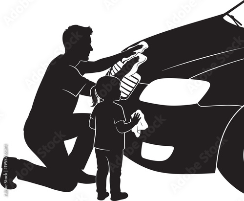 Silhouette of father and daughter washing a car together, father kneeling, daughter helping, bonding activity