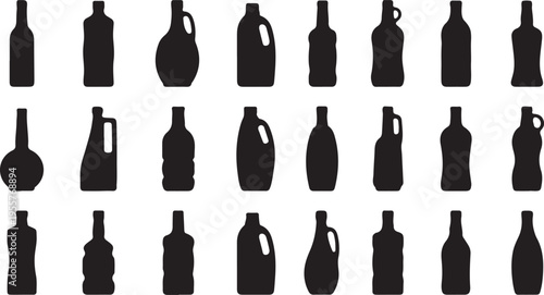  Household and Industrial Bottle Silhouettes – Cleaning, Beverage, and Chemical Jugs Vector