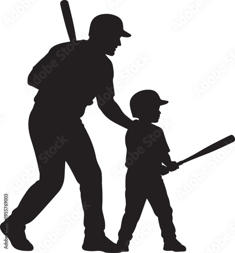 Silhouette of a father teaching his son baseball, symbolizing mentorship and family bonding.