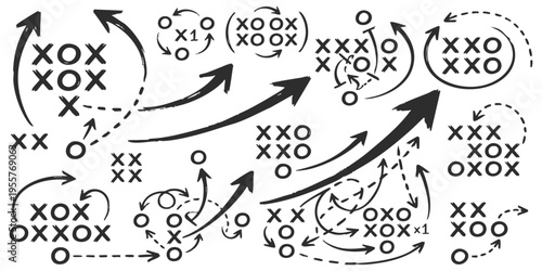 Set of American football game tactics and strategy play diagrams with arrows and player positions vector illustration