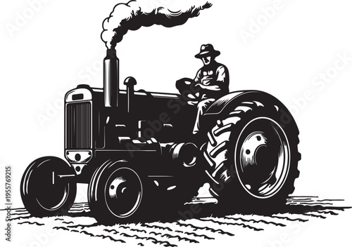 Vintage Tractor and Farmer Illustration – Antique Agricultural Machinery Vector