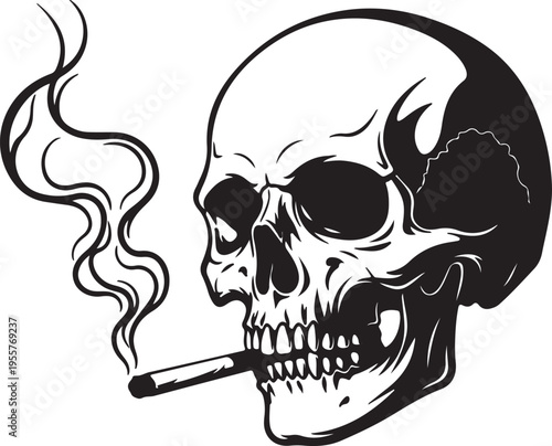 Smoking Skull Illustration – Human Skull with Cigarette and Smoke Swirls Vector