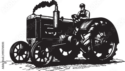 Vintage Tractor and Farmer Illustration – Antique Agricultural Machinery Vector