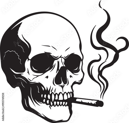 Smoking Skull Illustration – Human Skull with Cigarette and Smoke Swirls Vector