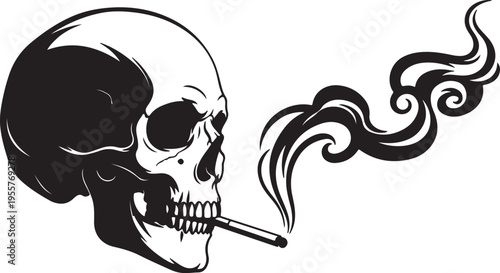 Smoking Skull Illustration – Human Skull with Cigarette and Smoke Swirls Vector
