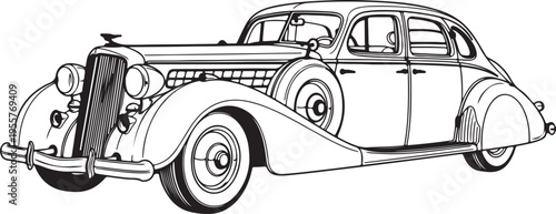 Vintage Classic Car Line Art – 1930s Antique Luxury Sedan Vector