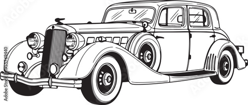 Vintage Classic Car Line Art – 1930s Antique Luxury Sedan Vector