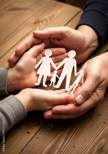Hands protecting paper family cutout on wooden surface for life insurance and safety concept