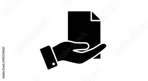 Hand Holding Document Icon in Black and White Graphic
