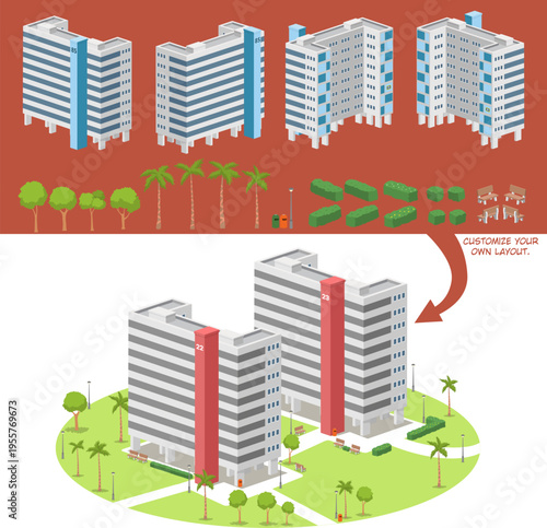 A modular urban Singapore public housing layout design featuring customizable buildings, trees, benches, and street elements, assembled into a vibrant cityscape.