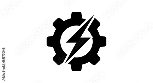 Gear Icon with Lightning Bolt Symbol in Black Silhouette