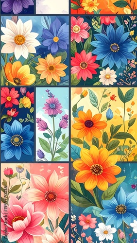 A vibrant, colorful grid showcases various blooms. Each square features flowers with lush petals, in hues of red, blue, yellow, and white