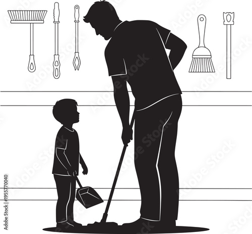 Silhouette of a father and son cleaning together, highlighting teamwork and domestic chores.