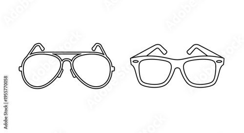 Two pairs of sunglasses one aviator and one wayfarer depicted in black outline