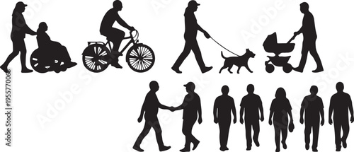 Diverse People Silhouette Set – Inclusive Urban Pedestrians, Cyclists, and Families