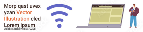 Remote work, internet access, connectivity, online communication, technology use, digital interaction. wireless symbol next to a laptop and professional figure. Remote work and internet access idea