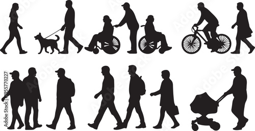 Diverse People Silhouette Set – Inclusive Urban Pedestrians, Cyclists, and Families